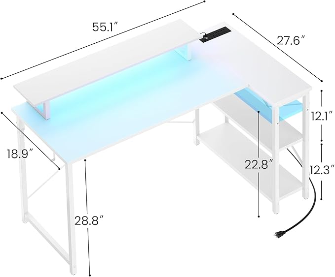 Homieasy L Shaped Gaming Desk with Power Outlet & LED Light, 55 Inch Computer Desk with Storage Shelves, Reversible Corner Desk with Monitor Stand Headset Hooks for Home Office, White - LeafyLoom