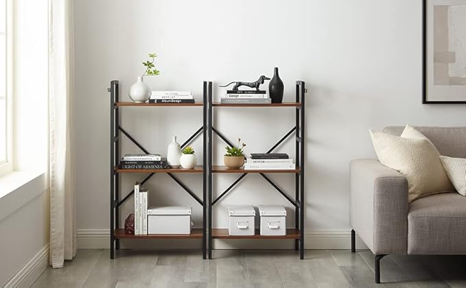 3 Tier Bookshelf, Bookcase Shelf Storage Organizer, Modern Book Shelf for Bedroom, Living Room and Home Office, Wood & Metal (Rustic Brown) - LeafyLoom