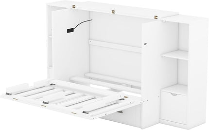 Queen Size Murphy Bed Foldable into Cabinet, Wooden Platform Bedframe with Shelves, Drawers and USB Ports, for Bedroom/Living Room, White - LeafyLoom