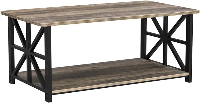 GreenForest Coffee Table for Living Room with Round Corners Farmhouse Style Center Table with Storage Shelf 39 Inch Space Saving Easy Assembly Gray Wash - LeafyLoom