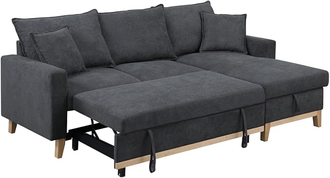 Reversible Sleeper Sectional Sofa with Storage Chaise, Convertible Woven 3 Seater Corner Couch Pull Out Bed, for Living Room Small Space, 84, Dark Gray-1 - LeafyLoom