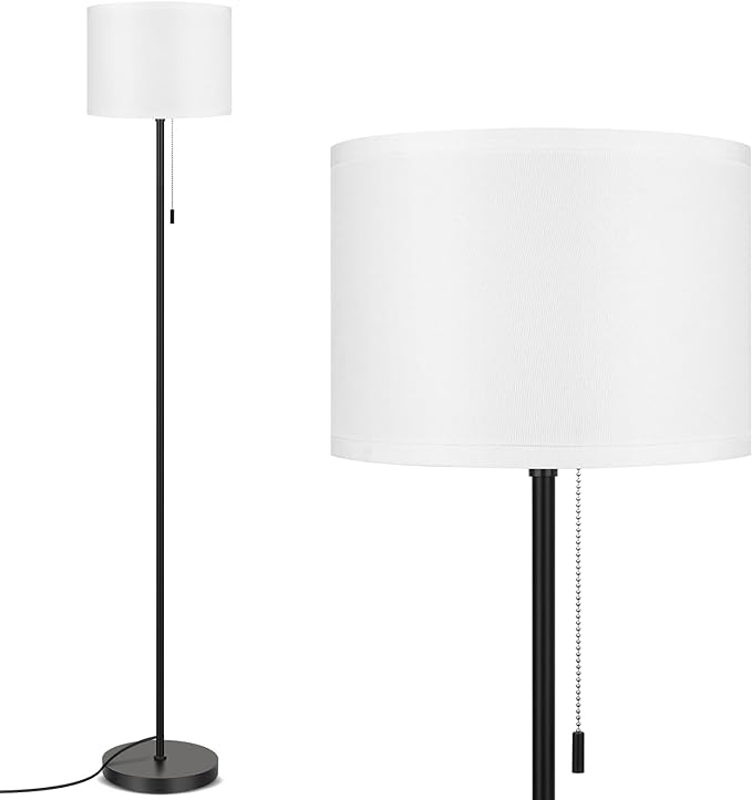 FOLKSMATE Floor Lamp for Living Room, Modern LED Simple Standing Lamps, Minimalist Tall Lamp for Bedroom, Living Room, Office, Kids Room, Reading Light, Black Pole Lamp with White Shade, without Bulb - LeafyLoom