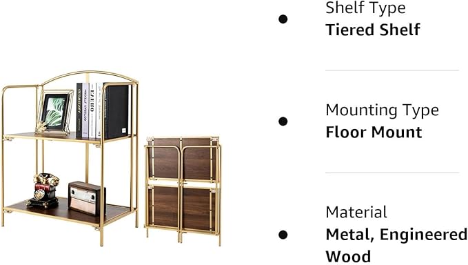 No Assembly Folding Bookshelf for Living Room, 2 Tier Gold Collapsible Book Shelf for Home Office, Portable Bookcase Storage Organizer - LeafyLoom