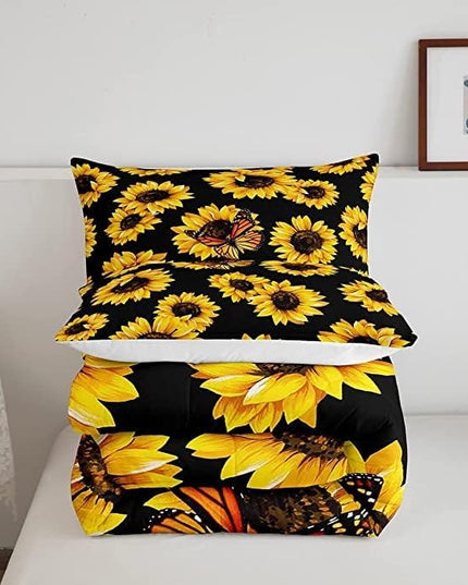 Feelyou Sunflower Bedding Set Girls Yellow Floral Butterfly Comforter Chic Flowers Comforter Set for Kids Teens Botanical Nature Duvet Set Soft Room Decor King Size Boys - LeafyLoom