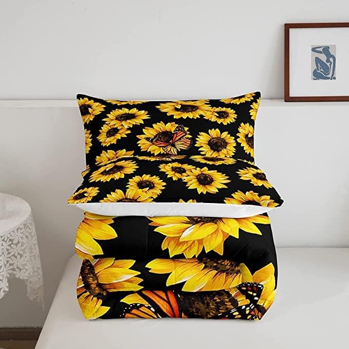 Feelyou Sunflower Bedding Set Girls Yellow Floral Butterfly Comforter Chic Flowers Comforter Set for Kids Teens Botanical Nature Duvet Set Soft Room Decor King Size Boys - LeafyLoom