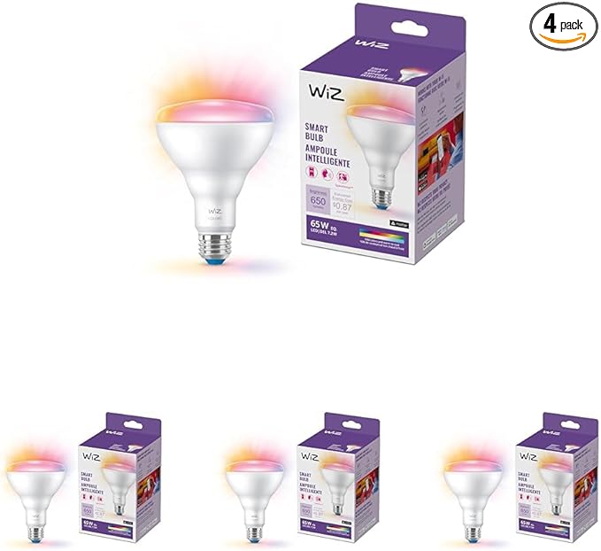 WiZ 65W BR30 Color LED Smart Bulb - Pack of 4 - E26- Indoor - Connects to Your Existing Wi-Fi - Control with Voice or App + Activate with Motion - Matter Compatible WiZConnectedLighting