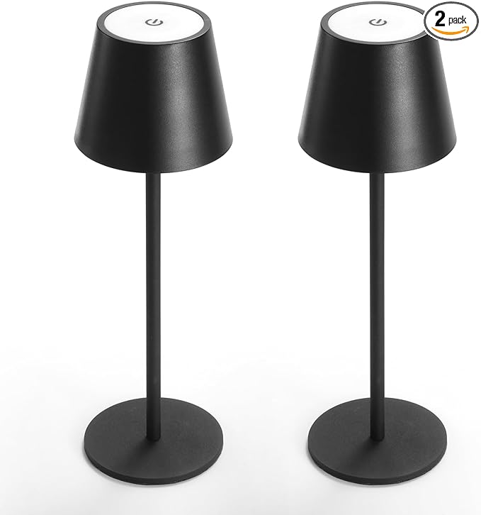 Maksone 2 Pack LED Cordless Table Lamp, 6600mWh Rechargeable Battery Desk Lamp, 3000K Stepless Dimming Night Light, IP54 Waterproof Metal Outdoor Portable Lamp for Restaurant, Patio (Black) - LeafyLoom