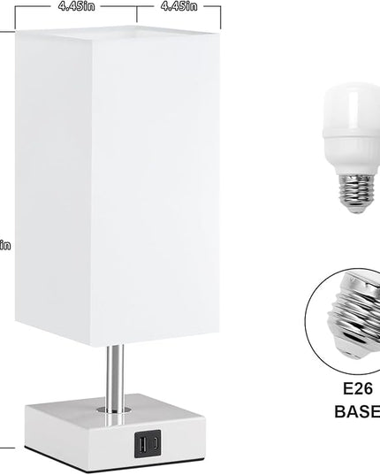 Ambimall White Table Lamp with USB Ports - 3 Way Touch Lamps Beside Desk, Nightstand Lamp for Bedrooms Living Room, White Shade with White Base, LED Bulb Included(White) - LeafyLoom