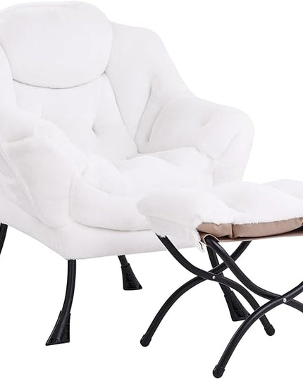 LITA Lazy Chair with Ottoman, Modern Accent Leisure Upholstered Sofa Chair, Lounge Reading Chair with Armrests and a Side Pocket for Living Room, Bedroom & Small Space, Plush White - LeafyLoom