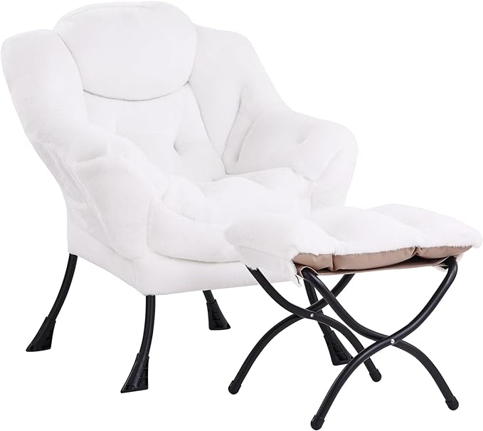 LITA Lazy Chair with Ottoman, Modern Accent Leisure Upholstered Sofa Chair, Lounge Reading Chair with Armrests and a Side Pocket for Living Room, Bedroom & Small Space, Plush White - LeafyLoom