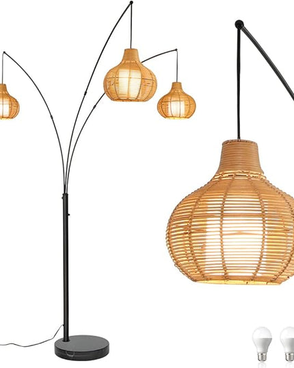 Depuley 3-Light LED Arc Floor Lamps, Adjustable Modern Tall Standing Reading Lamp with Bamboo Lampshades & Marble Base, Rattan Floor Lamp for Living Room Bedroom Office Study, E26 Bulbs Included - LeafyLoom