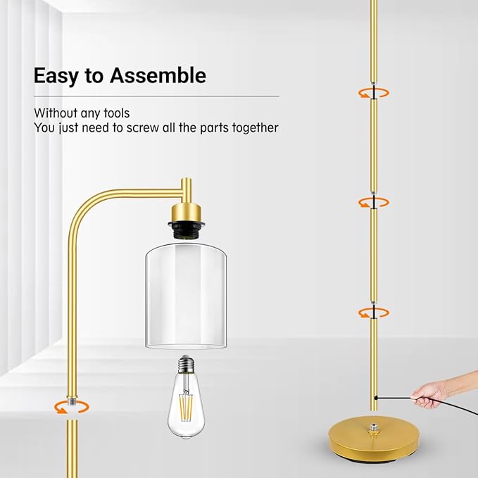 Gold Floor Lamp, Standing Lamp with Glass Lampshade, 6W LED Bulb Included, Modern Floor Lamp with Foot Switch, Industrial Floor Lamp, Bright LED Floor Lamp for Living Room and Bedroom, Office - LeafyLoom