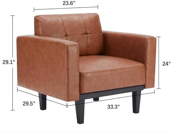 Mid-Century Leather Accent Chair set of 2 with Wood Base & Legs,Oversized Upholstered Single Sofa Chair, Comfy Living Room Armchairs for Apartment Bedroom Office Study, Cognac/Brown - LeafyLoom