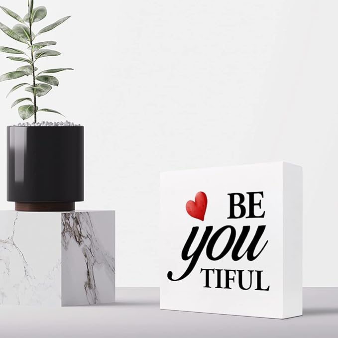 Be You Tiful Sign,Inspirational Quote Wood Box Sign,Motivational Wooden Block Signs,Positive Wood Signs,Decorations for Home Women Girl Room Office Shelf Table Decor - LeafyLoom