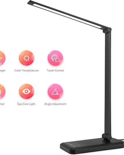 Led Desk Lamp, Desk Lamp with USB Charging Port, 5 Color Modes, 10 Brightness, Natural Light, Eye Caring Reading Lamp, Desk Light for Home Office, Table Lamp, Touch Control, Auto-Timer, Black - LeafyLoom
