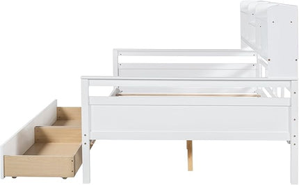 Full Size Daybed with Bedside Shelf and Two Drawers,Multifunctional Storage Solid Wood Bed,W/Wooden Slat Support,No Box Spring Needed,for Bedroom,Living Room,Apartment,White - LeafyLoom