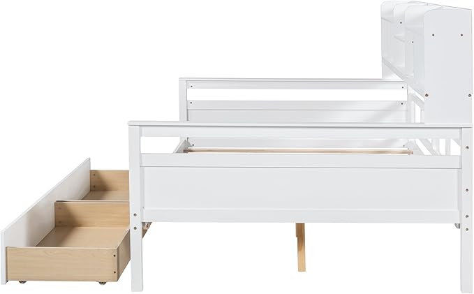 Full Size Daybed with Bedside Shelf and Two Drawers,Multifunctional Storage Solid Wood Bed,W/Wooden Slat Support,No Box Spring Needed,for Bedroom,Living Room,Apartment,White - LeafyLoom
