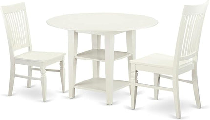 East West Furniture SUWE3-LWH-W Sudbury 3 Piece Modern Set Contains a Round Wooden Table with Dropleaf & Shelves and 2 Dining Room Chairs, 42x42 Inch, Linen White - LeafyLoom