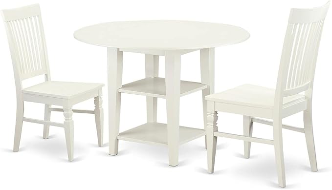 East West Furniture SUWE3-LWH-W Sudbury 3 Piece Modern Set Contains a Round Wooden Table with Dropleaf & Shelves and 2 Dining Room Chairs, 42x42 Inch, Linen White - LeafyLoom