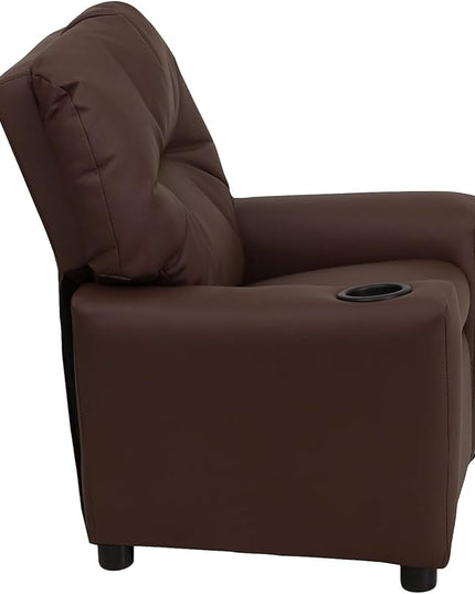 Flash Furniture Chandler LeatherSoft Kids Recliner with Cup Holder and Safety Recline, Contemporary Reclining Chair for Kids, Supports up to 90 lbs., Brown - LeafyLoom