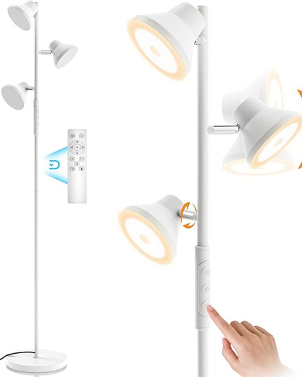 White Floor Lamp, 36W Modern Dimmable Standing Lamp 2700-6500K, 3 Rotatable LED Lights Reading Tall Lamp, Touch & Remote Control Floor Lamps for Living Room Bedroom Office - LeafyLoom