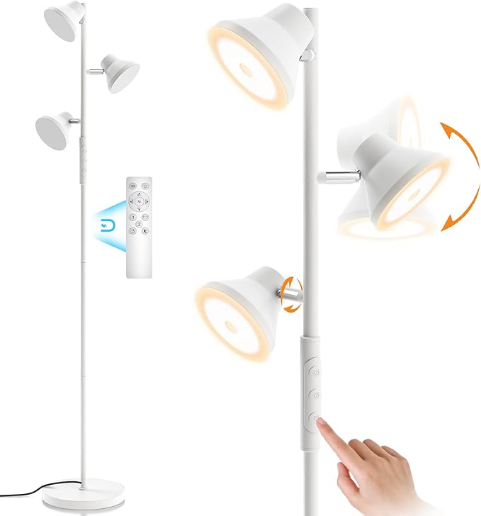 White Floor Lamp, 36W Modern Dimmable Standing Lamp 2700-6500K, 3 Rotatable LED Lights Reading Tall Lamp, Touch & Remote Control Floor Lamps for Living Room Bedroom Office - LeafyLoom