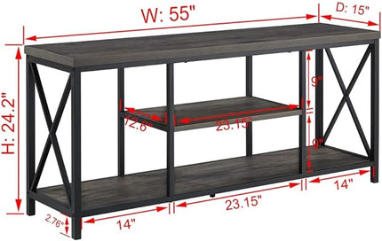 55 inch TV Stand for TV up to 65 inch, Rustic Wood and Metal Media TV Console Table for Living Room, Grey - LeafyLoom
