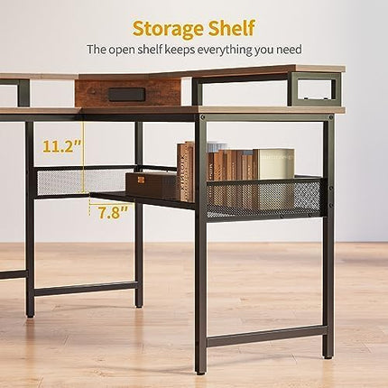 CubiCubi L Shaped Gaming Desk with LED Lights and Power Outlets, 58" Reversible Corner Computer Desk with Storage Shelves and Drawer, Home Office Desk with Monitor Stand, Rustic Brown - LeafyLoom