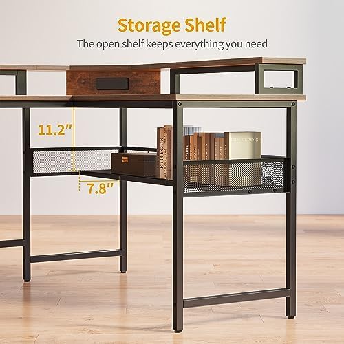 CubiCubi L Shaped Gaming Desk with LED Lights and Power Outlets, 58" Reversible Corner Computer Desk with Storage Shelves and Drawer, Home Office Desk with Monitor Stand, Rustic Brown - LeafyLoom