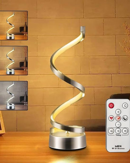 ELINKUME Spiral LED Table Lamp with Remote Control, Three Color Dimmable Bedside Lamp with Timer, 2 Lighting Modes, Modern Minimalist Design Desk Lamp,Suitable for Living Room,Bedroom and Desk(Silver) - LeafyLoom