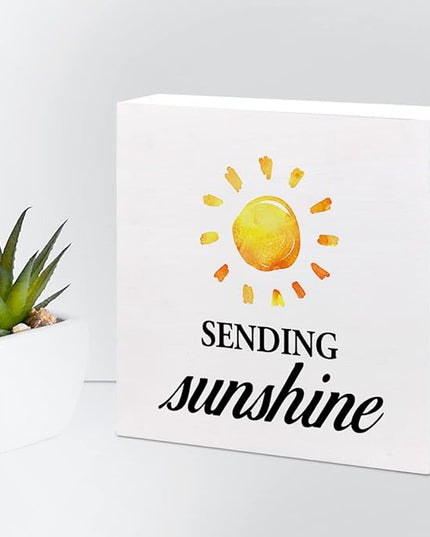 Sending Sunshine Wood Block Sign Desk Decor,Rustic Inspirational Wooden Box Plaque Sign Desk Decor for Home Office Shelf Table Decorations - LeafyLoom