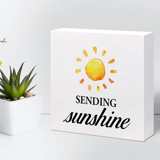 Sending Sunshine Wood Block Sign Desk Decor,Rustic Inspirational Wooden Box Plaque Sign Desk Decor for Home Office Shelf Table Decorations - LeafyLoom