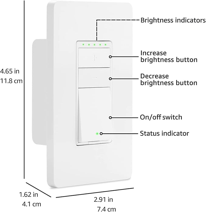 Amazon Basics Smart Dimmer Switch, 3-Way, Works with Alexa Only, 2.4 GHz Wi-Fi, No Hub Required, White AmazonBasics