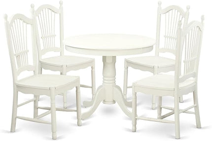 East West Furniture ANDO5-LWH-W Antique 5 Piece Room Furniture Set Includes a Round Kitchen Table with Pedestal and 4 Dining Chairs, 36x36 Inch - LeafyLoom