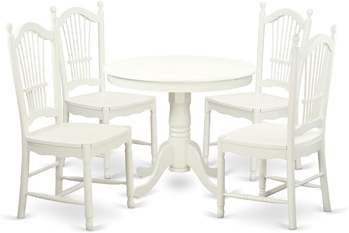 East West Furniture ANDO5-LWH-W Antique 5 Piece Room Furniture Set Includes a Round Kitchen Table with Pedestal and 4 Dining Chairs, 36x36 Inch - LeafyLoom