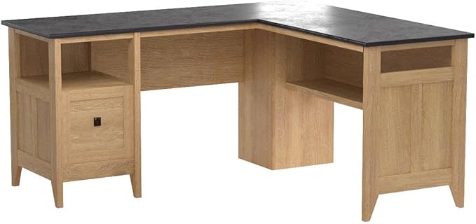 Sauder August Hill L-Shaped Desk, L: 59.06" x W: 58.74" x H: 29.25", Dover Oak finish - LeafyLoom