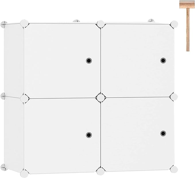 C&AHOME Cube Storage Organizer with Doors, 4-Cube Shelves, Closet Cabinet, DIY Plastic Modular Bookshelf Ideal for Bedroom, Living Room, 24.8" L x 12.4" W x 24.8" H Milky USHS04M-DOOR - LeafyLoom