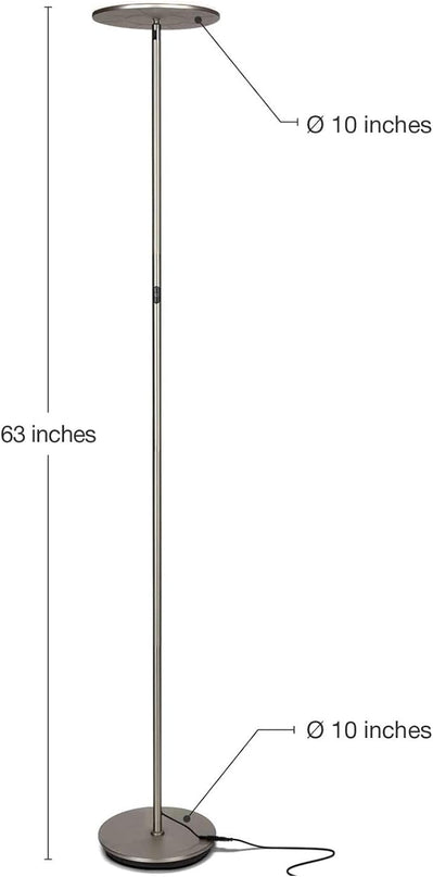 Brightech Sky LED Floor lamp, Torchiere Super Bright Floor Lamp for Living Rooms & Offices - Dimmable, Tall Standing Lamp for Bedroom Reading - Brushed Nickel - LeafyLoom
