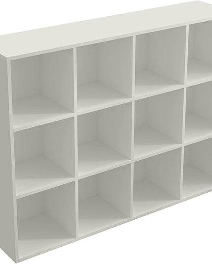 12-Cube Storage Shelf Bookcase - Wooden 3-Tier Floor Standing Open Bookshelf for Home and Office, Display Cabinet, Warm White - LeafyLoom