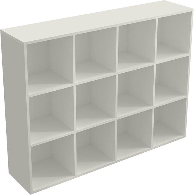 12-Cube Storage Shelf Bookcase - Wooden 3-Tier Floor Standing Open Bookshelf for Home and Office, Display Cabinet, Warm White - LeafyLoom