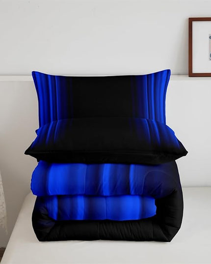 Geometric Abstract Ombre Comforter Set Kids Teens Dark Blue and Black Striped Bedding Bed Set Decor Modern Fashion Comforter Inner Fill Bedroom Collection 3Pcs Full Size - LeafyLoom