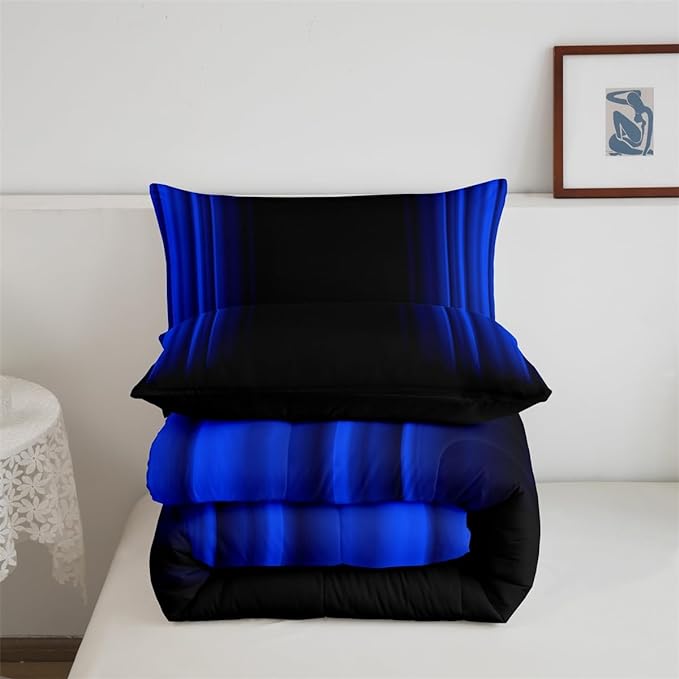 Geometric Abstract Ombre Comforter Set Kids Teens Dark Blue and Black Striped Bedding Bed Set Decor Modern Fashion Comforter Inner Fill Bedroom Collection 3Pcs Queen Size - LeafyLoom