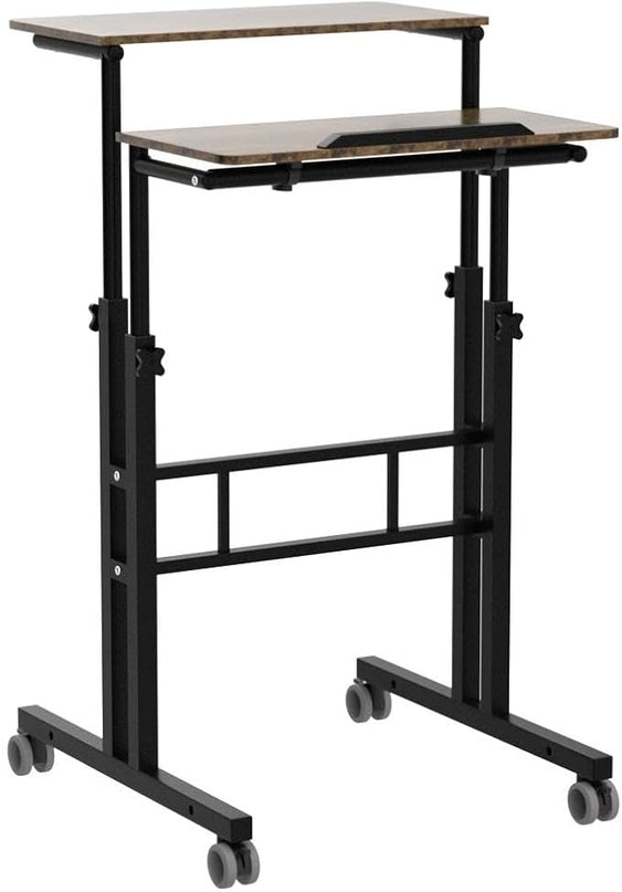 AIZ Double Adjustable Computer Desk Home Office Workstation with Rolling Wheels, Portable Laptop Table for Standing or Sitting, Adults or Children,Brown, Black & Yellow - LeafyLoom