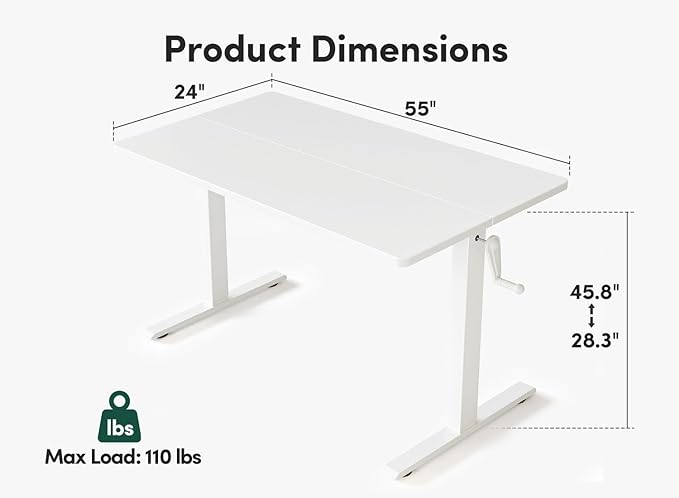 FEZIBO Crank Height Adjustable Desk, 55 Inches Manual Standing Desk, Writing Table with Handle, Home Office Desk with White Frame/White Table Top - LeafyLoom
