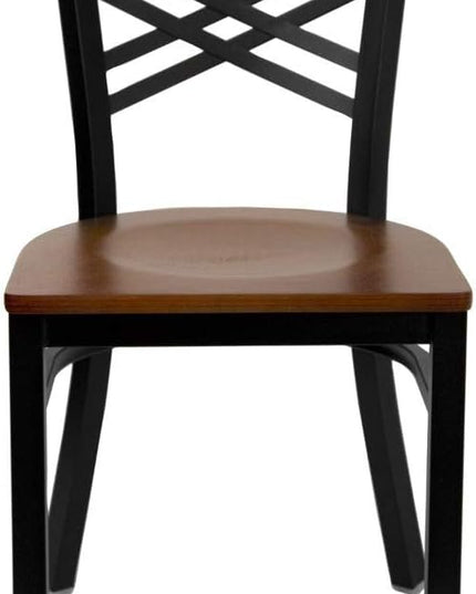 Flash Furniture HERCULES Series Black ''X'' Back Metal Restaurant Chair - Cherry Wood Seat - LeafyLoom
