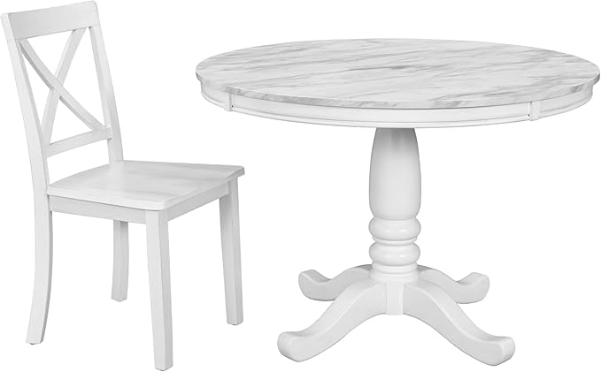 Round 5-Piece Kitchen Room Solid Wood Dining Table and Chairs Set for 4, White - LeafyLoom