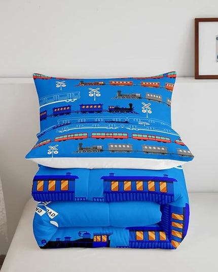 Feelyou Cartoon Car Comforter Set for Kids Boys Girls Vintage Car Comforter Train Bedding Set Bedroom Decor Retro Steam Train Blue Light Sign Duvet Set Twin Size Quilt Set 2Pcs - LeafyLoom
