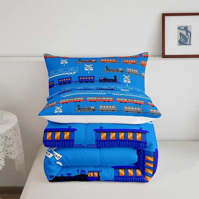 Feelyou Cartoon Car Comforter Set for Kids Boys Girls Vintage Car Comforter Train Bedding Set Decor Retro Steam Train Blue Light Sign Duvet Set King Size Quilt 3Pcs Boys - LeafyLoom