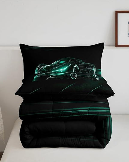 Feelyou Teal Race Car Bedding Set Twin Size for Kids Boys Extreme Sport Games Comforter Set Teens Toddler Fast and Furious Duvet Set Cool Modern Quilt Set 2Pcs - LeafyLoom