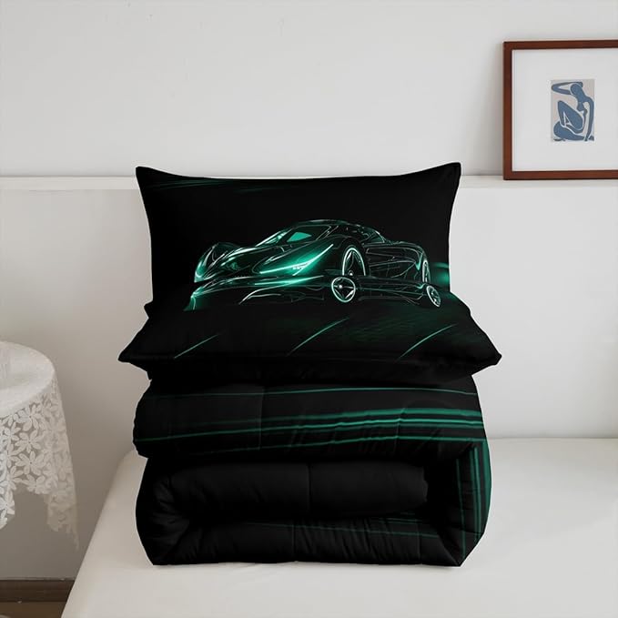 Feelyou Teal Race Car Bedding Set King Size for Kids Boys Extreme Sport Games Comforter Set Teens Toddler Fast and Furious Duvet Set Cool Modern Quilt Set 3Pcs - LeafyLoom